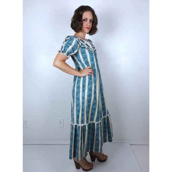 vintage 70s Blue STRIPED MuuMuu Maxi DRESS xs/s cottage core ruffles Hawaii boho - Picture 8 of 10